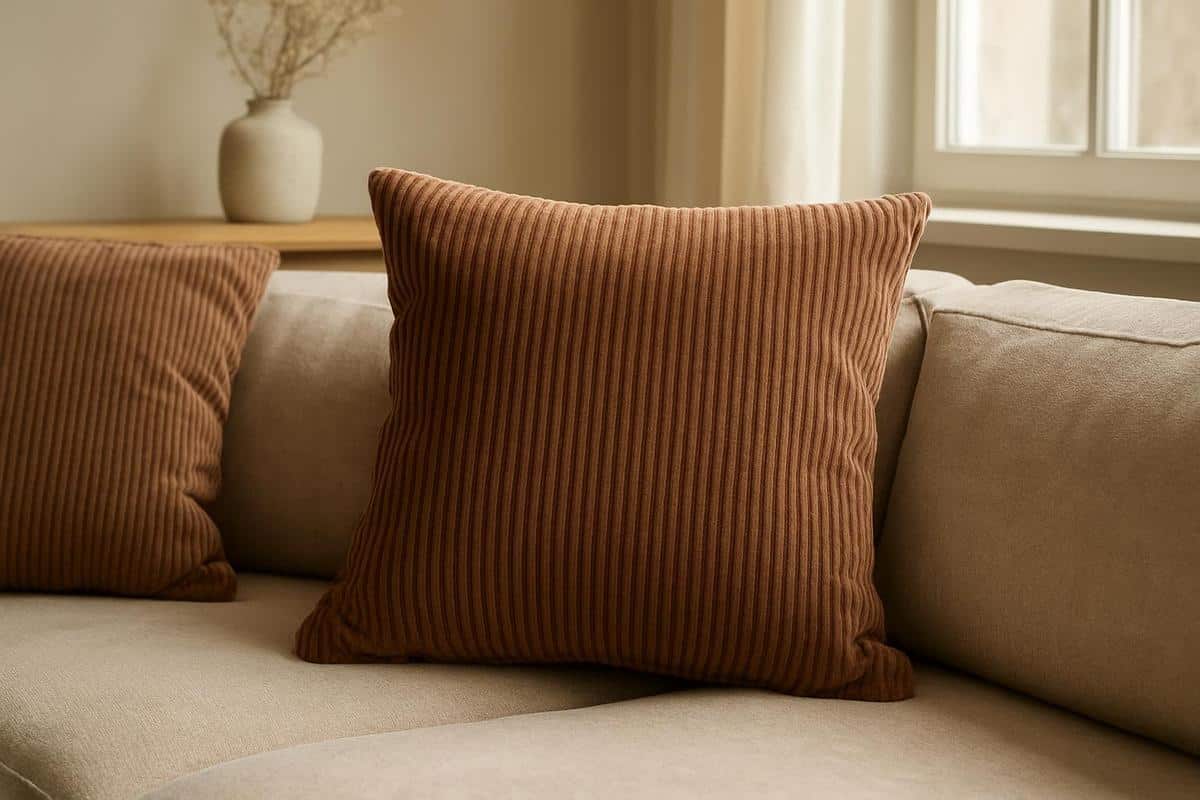 coussin en velours côtelé couleur Mocha Mousse pour décoration salon tendance 2026
