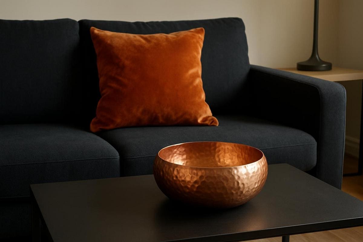 coussin velours cuivré et vide-poche cuivre martelé sur canapé noir mix de matières touches metalliques salon style contemporain