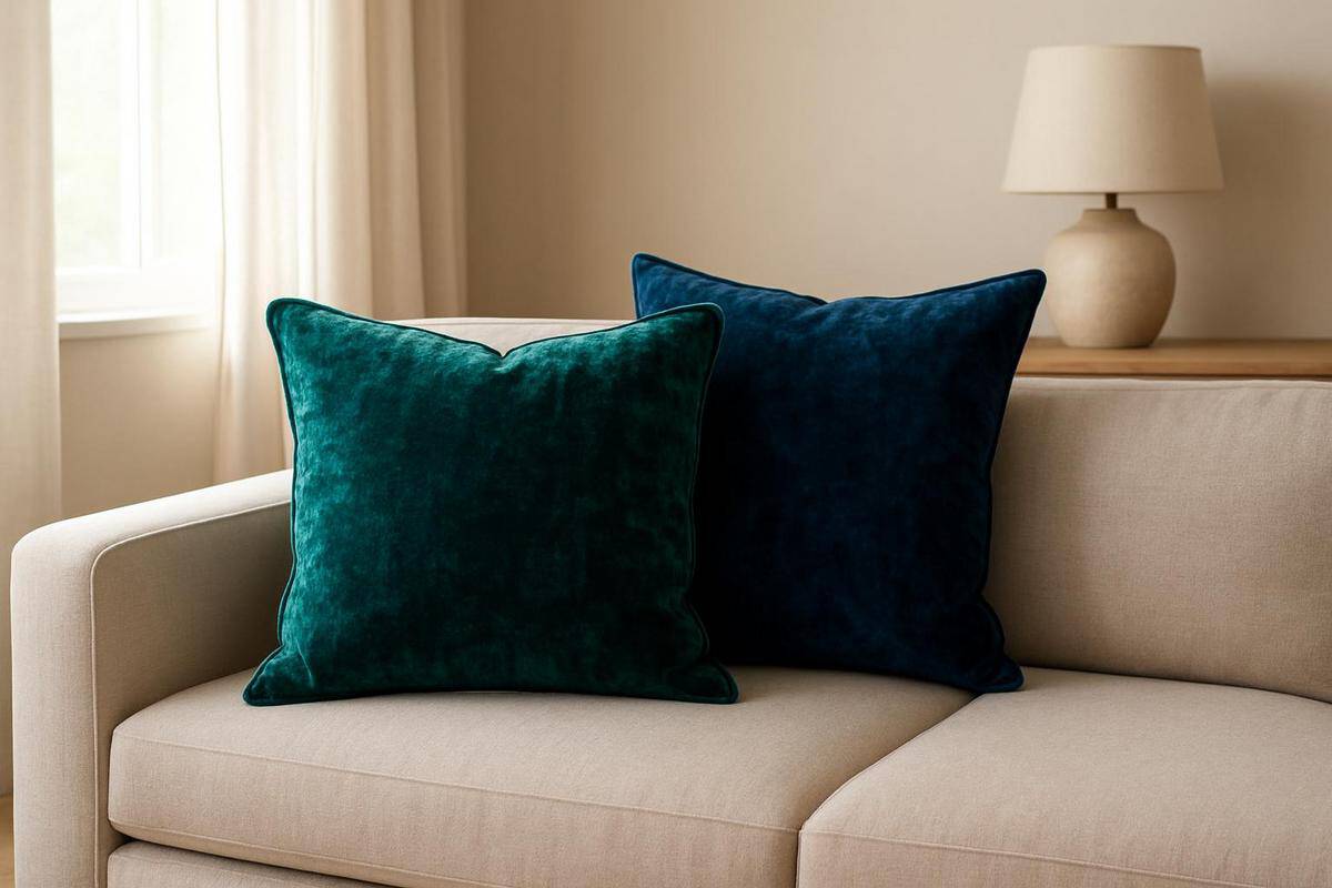 coussin velours frappé vert sarcelle bleu pétrole 45x45 canapé salon beige idée déco couleur profonde