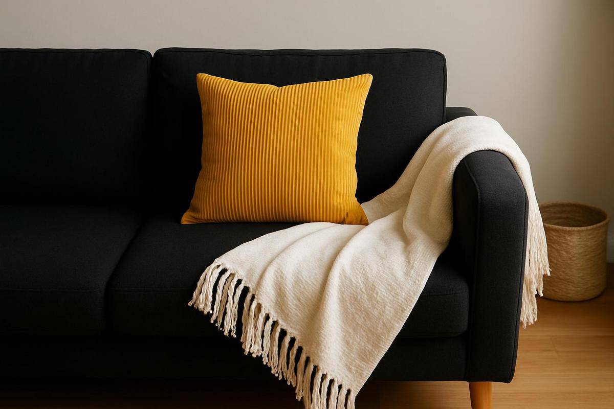 coussin velours côtelé jaune moutarde et plaid coton à franges sur canapé noir couleurs vives style contemporain salon