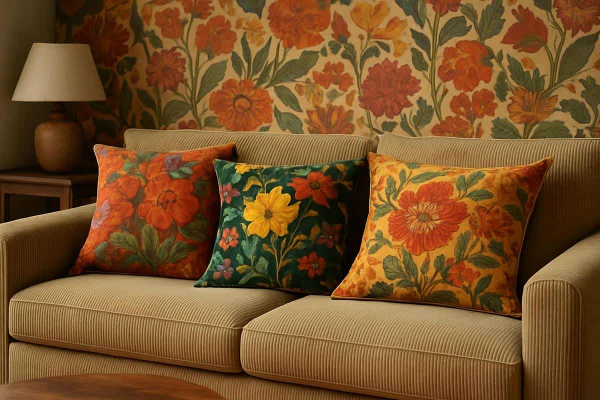 Coussins imprimés floraux grand format en velours côtelé et lin lavé pour canapé salon maximaliste 2026 Anthropologie H&M Home