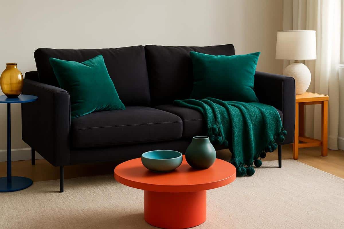 coussins velours vert émeraude et plaid à pompons vert forêt sur canapé noir objets design colorés style contemporain salon