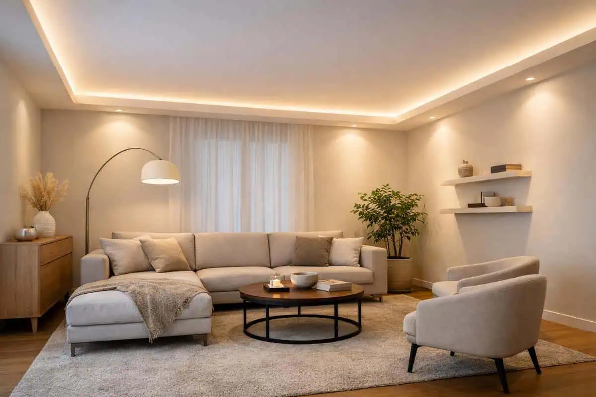 éclairage indirect salon carré avec lampes indirectes et wall washing pour agrandir visuellement