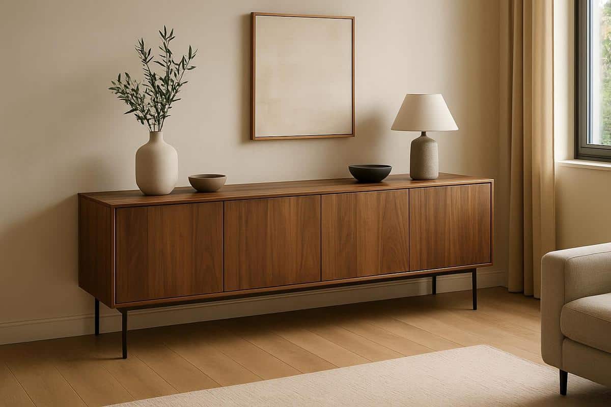 enfilade basse en noyer avec piètement métal fin le long du mur pour aménager un salon en longueur sans alourdir l'espace