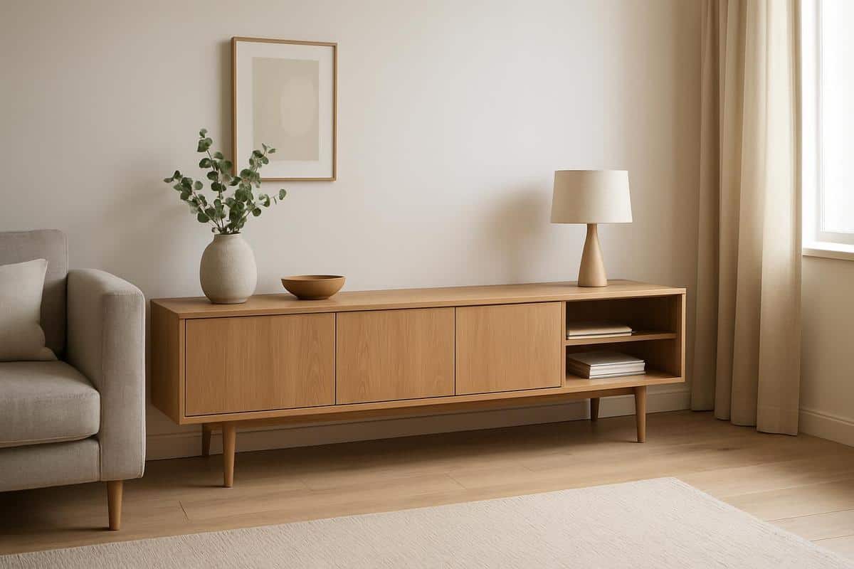 enfilade fine en bois profondeur 35 cm rangement discret mur salon en longueur