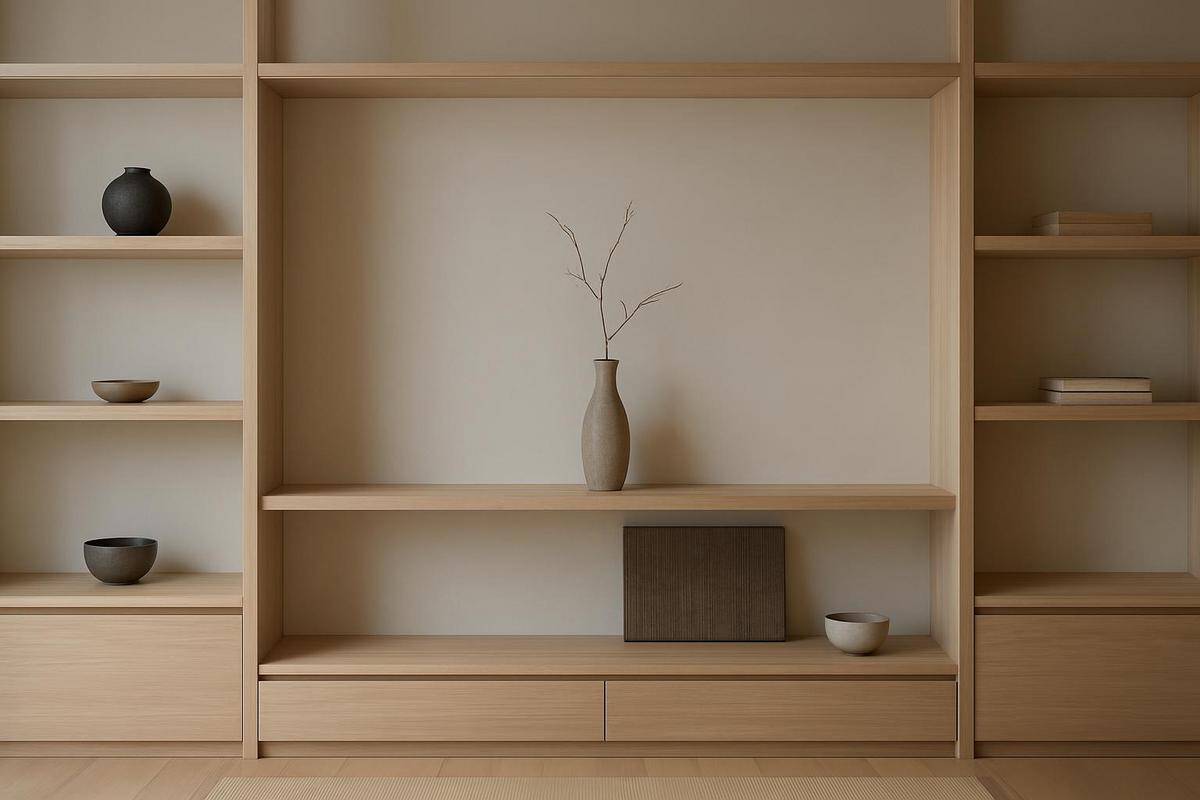 étagère niches ouvertes module bas rangement minimaliste inspiré tokonoma déco salon japonais