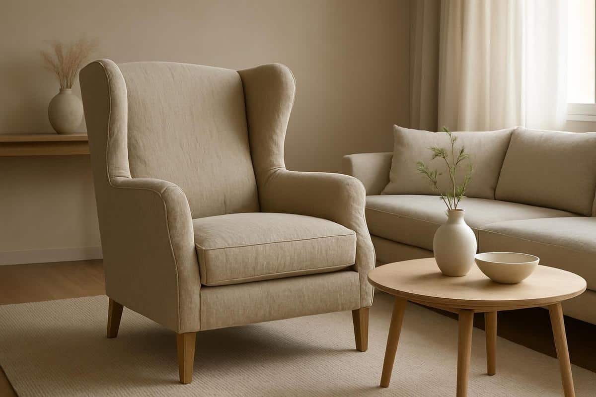 fauteuil à oreilles en lin lavé grège pour idée déco salon beige chic et naturel tendance 2026