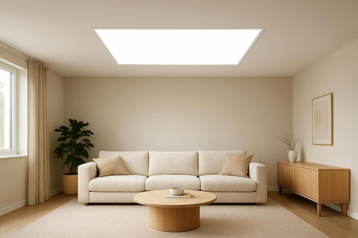 faux puits de lumière LED sky panel encastré dans faux plafond de salon sans velux effet lucarne naturelle Coelux Mirodemi
