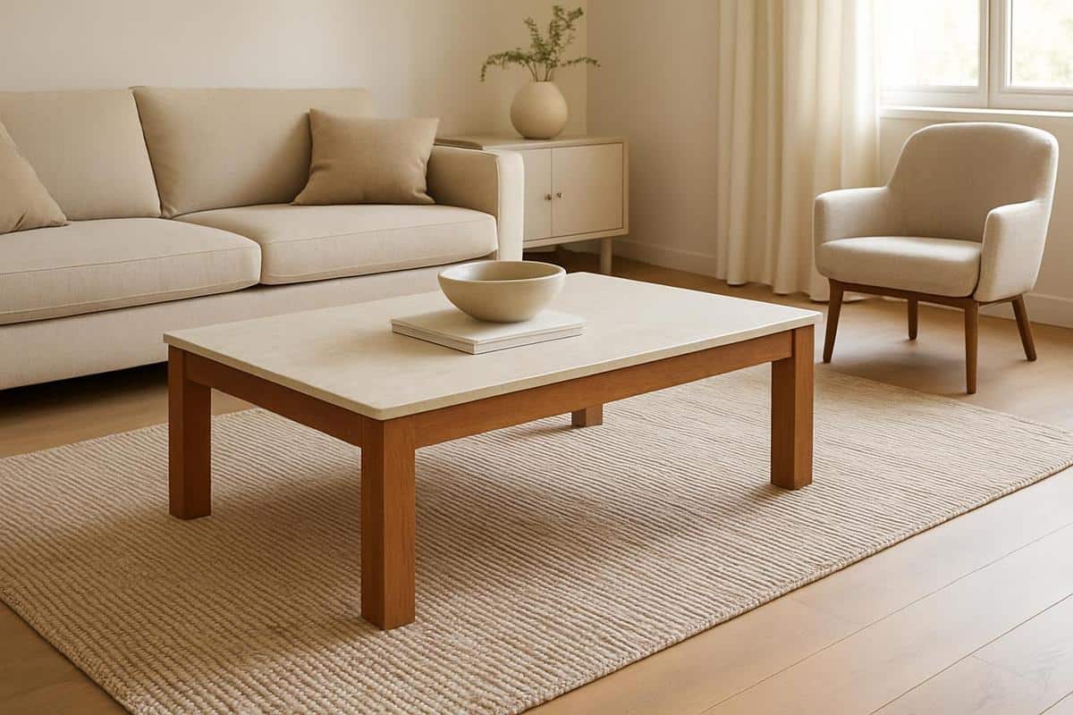 grand tapis rectangulaire en laine tissee a plat pose perpendiculairement dans un salon en longueur pour creer un ilot central et casser l'effet couloir