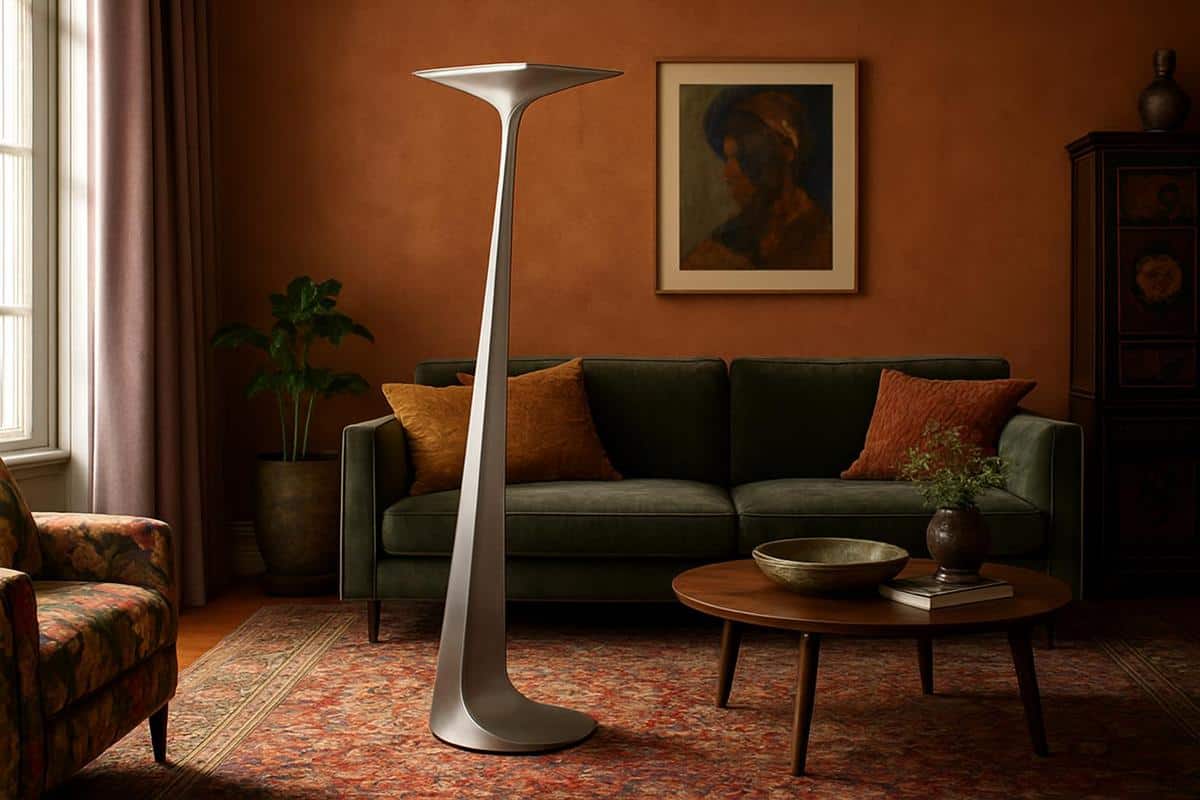 Lampadaire d'angle chrome brossé style futuriste pour salon maximaliste décoration 2026 Flos Maison Sarah Lavoine