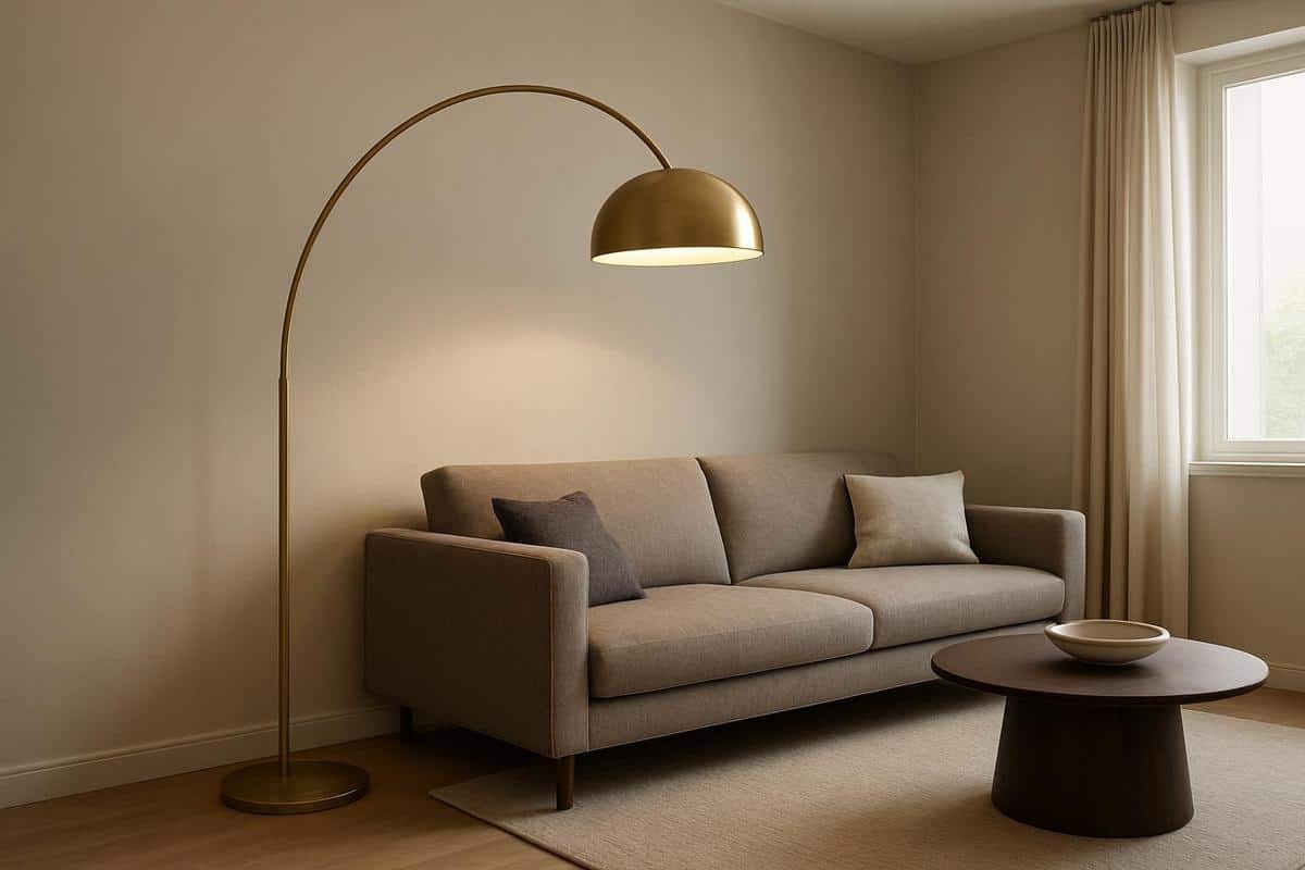 lampadaire arc laiton brossé posé en angle pour éclairer un salon en longueur et casser l'effet tunnel