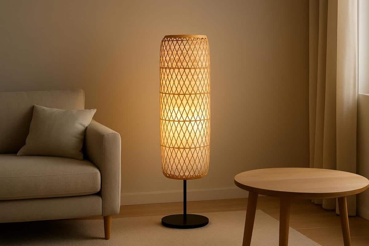 lampadaire en papier washi bambou tressé style japandi pour salon beige ambiance feutrée Muuto Fleux