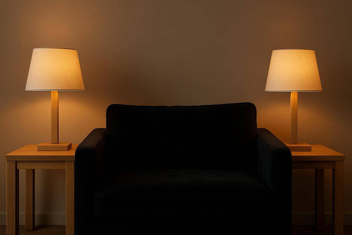 lampe d'appoint table console bois naturel chêne massif salon canapé noir cuir velours éclairage chaleureux 2700K