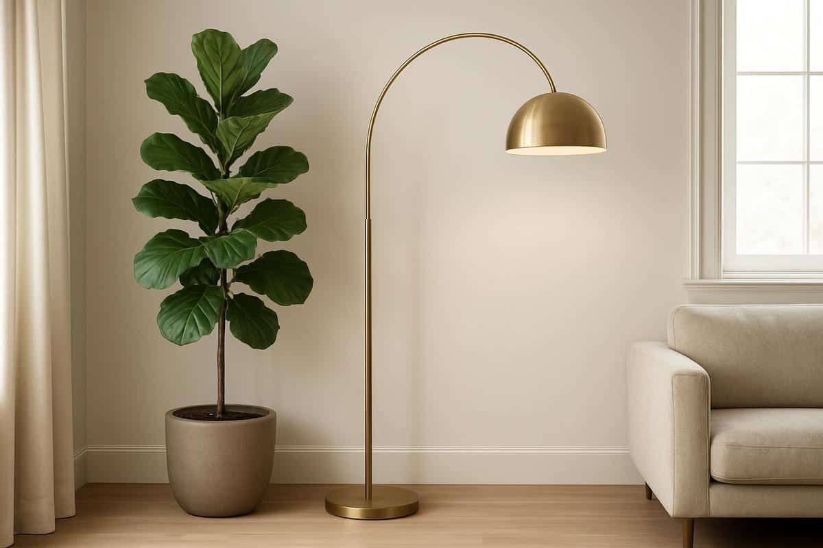 lampe arc laiton brossé et plante haute ficus lyrata pour aménager un salon en longueur avec des éléments verticaux