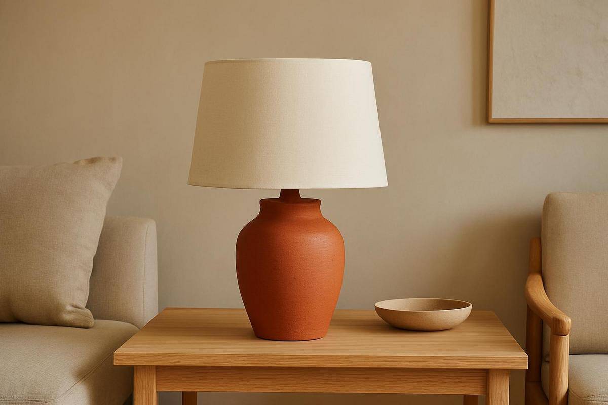 lampe de table en céramique émaillée terracotta avec abat-jour écru dans un salon beige et bois clair, idée déco terre cuite