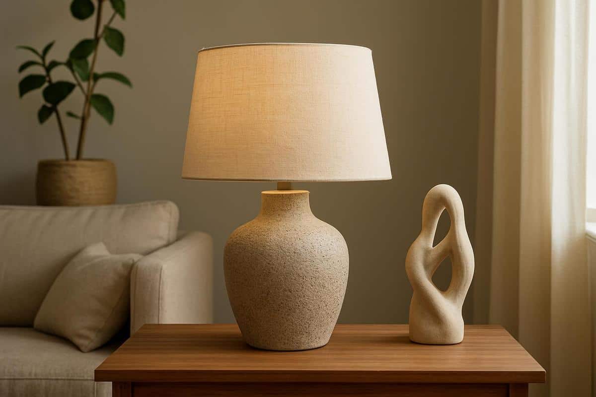 lampe à poser en grès texturé abat-jour lin naturel céramique artisanale décoration salon 2026