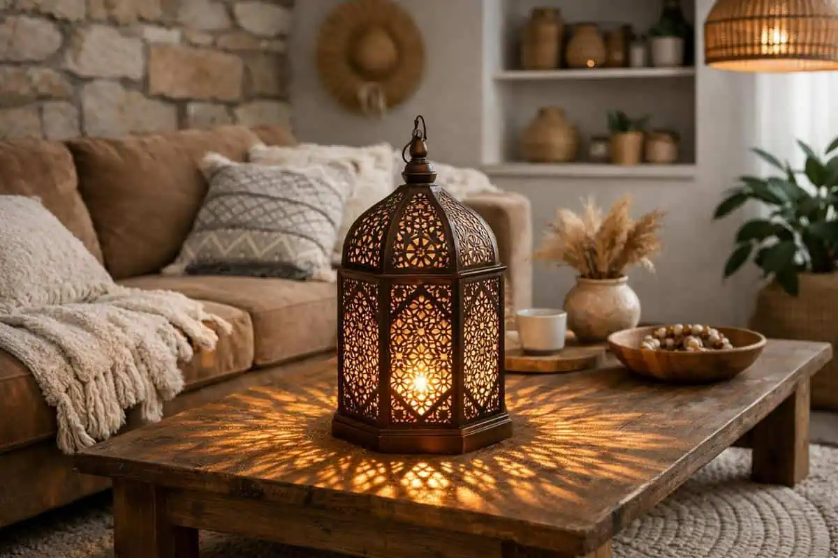 Lanternes bohèmes en métal ajouré et guirlandes lumineuses LED blanc chaud pour ambiance cosy