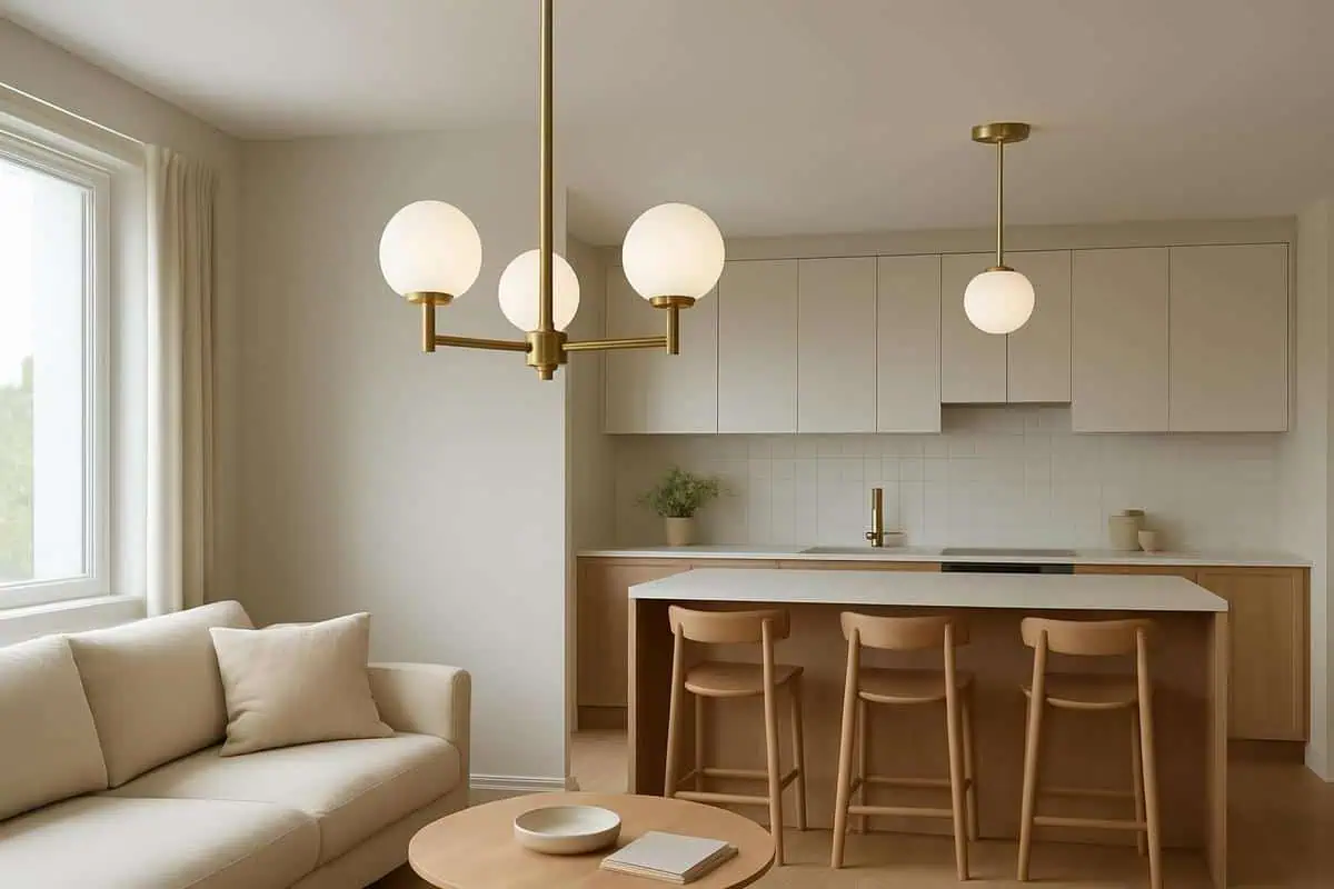 Ensemble de luminaires unifiés laiton brossé et opaline blanche mate pour salon-cuisine ouverte, cohésion visuelle éclairage décoratif harmonieux