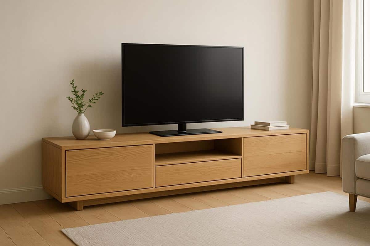 meuble TV bas en chêne naturel style épuré pour salon en longueur ligne horizontale
