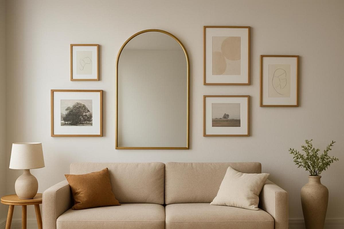 miroir arqué et composition murale asymétrique pour aménager un salon en longueur sans effet couloir