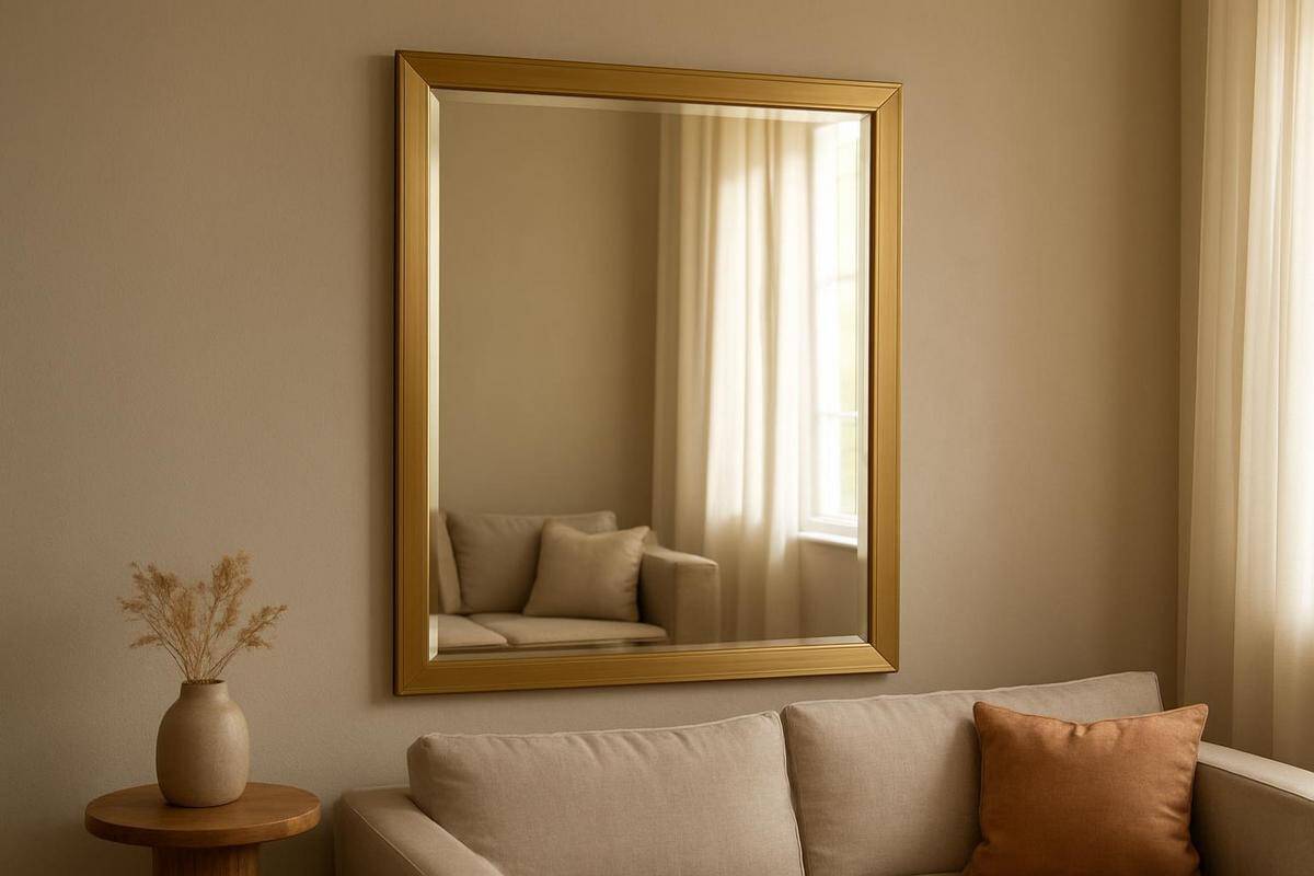 miroir biseauté en laiton brossé pour idée déco salon beige sable naturellement lumineux