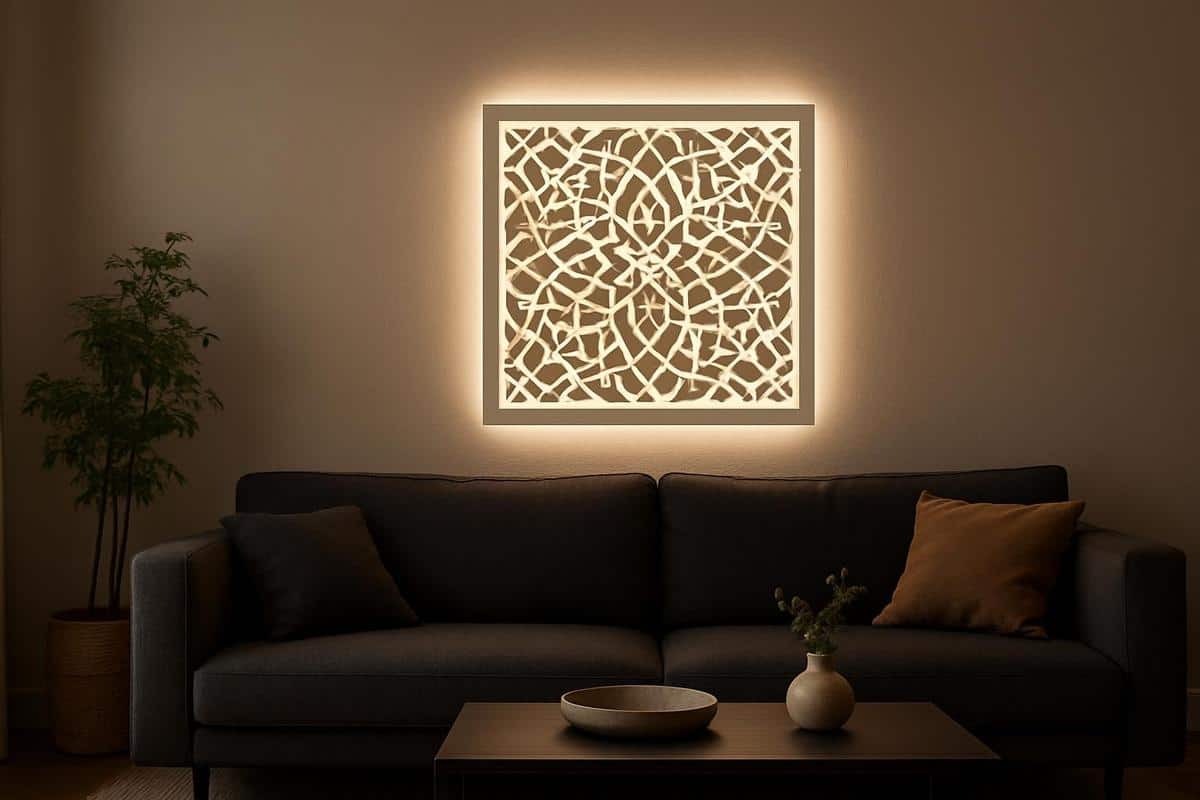 Miroir à LED rétroéclairé motif blanc découpe laser refléter la lumière salon canapé noir tendance 2025