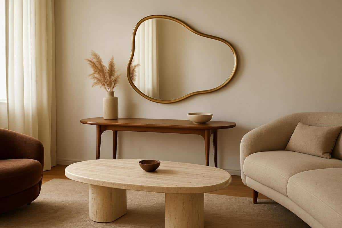 miroir organique asymétrique laiton brossé et table basse ovale travertin décoration salon rétro chic 2026