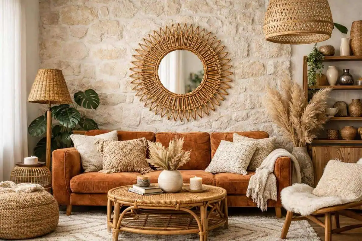 Miroir soleil en rotin fibres tressees pour decoration murale salon scandinave boheme avec cadres bois naturel