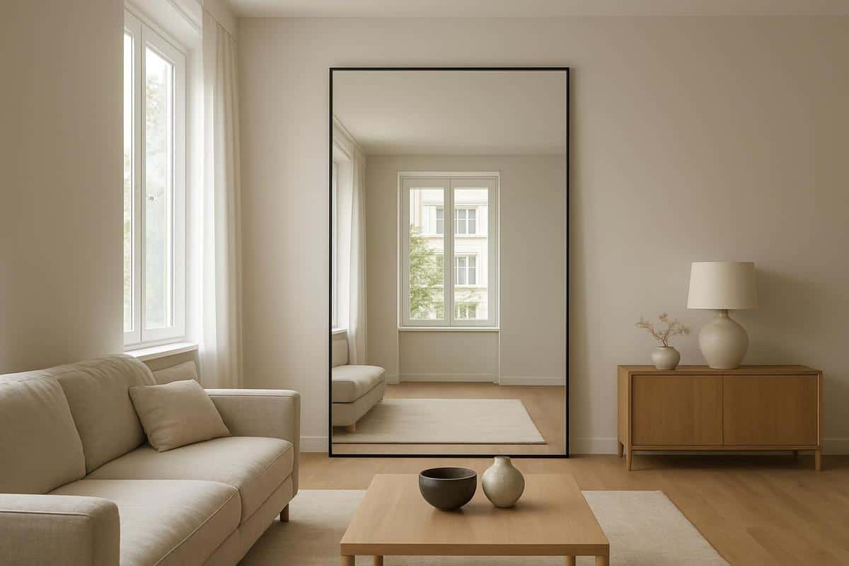 grand miroir XXL cadre métal noir placé face à une fenêtre pour agrandir visuellement un salon en longueur et booster la luminosité naturelle