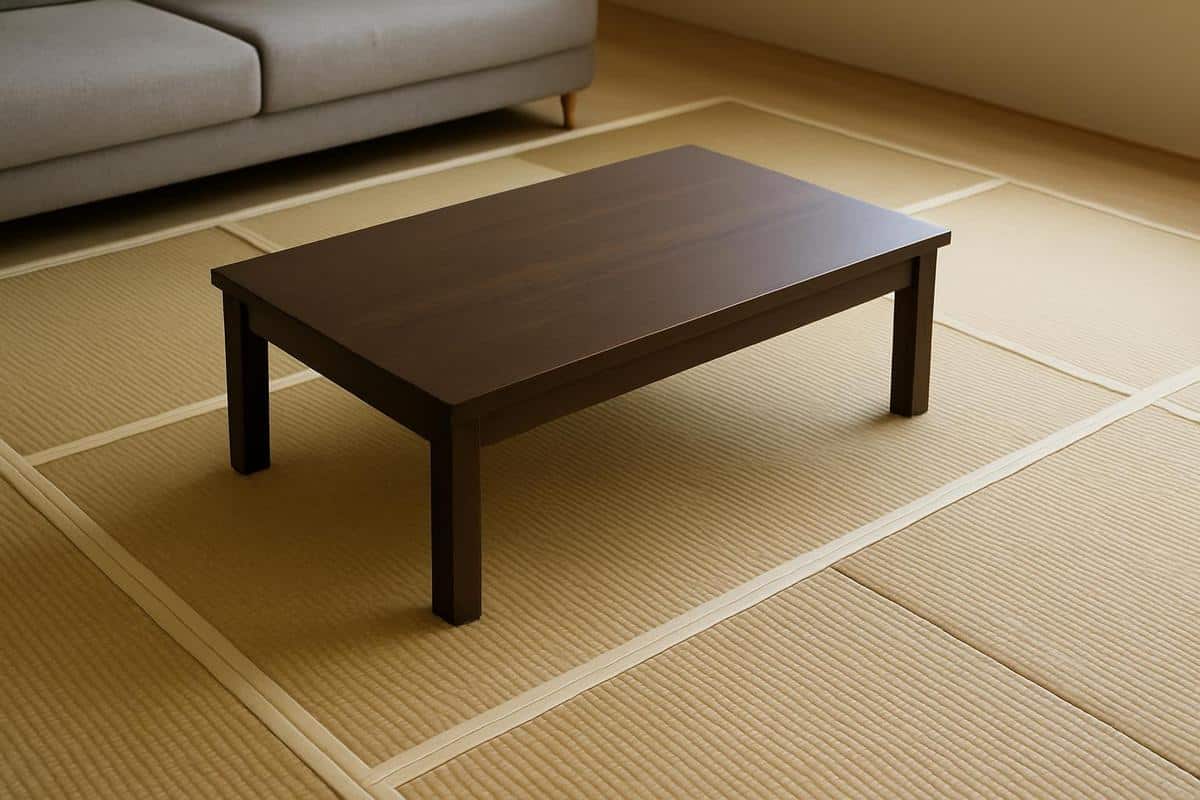 modules tatami en paille de riz igusa assemblés en zone salon japonais avec galon bordure ivoire
