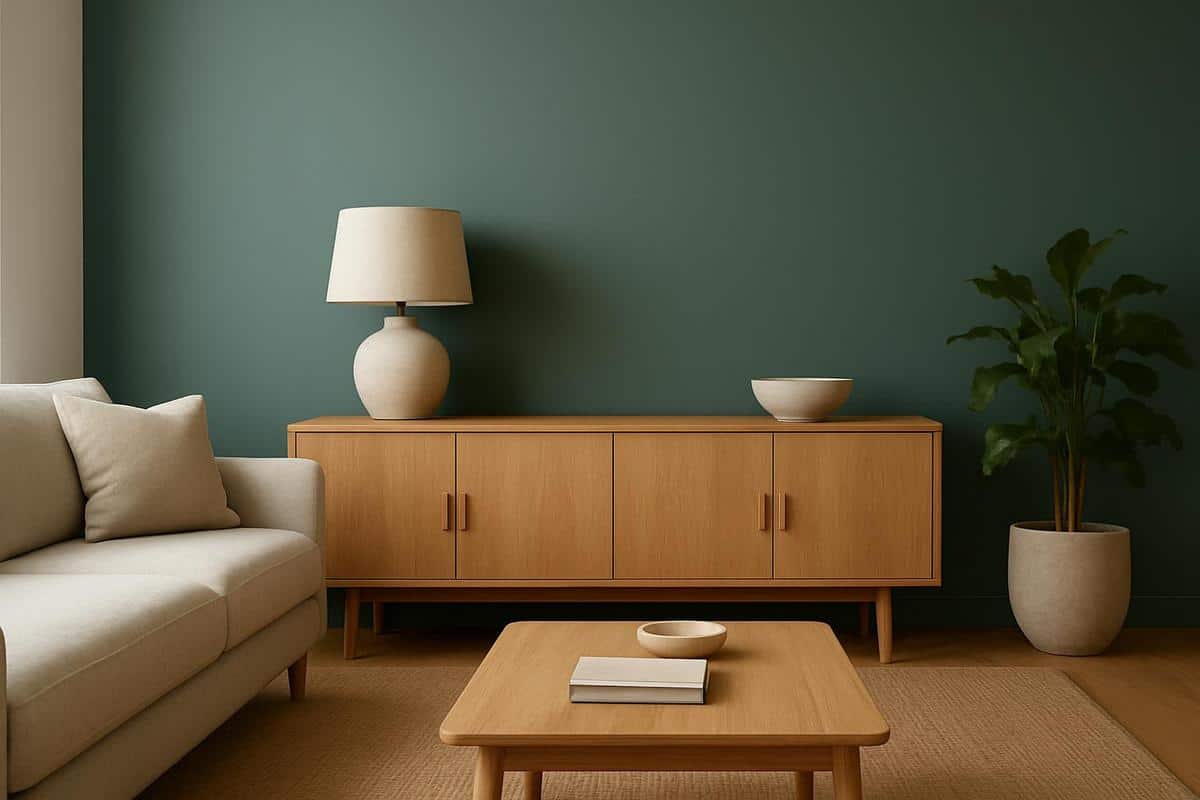 mur du fond peint en couleur foncée vert sauge ou bleu ardoise pour casser l'effet couloir dans un salon en longueur - technique perspective inversée