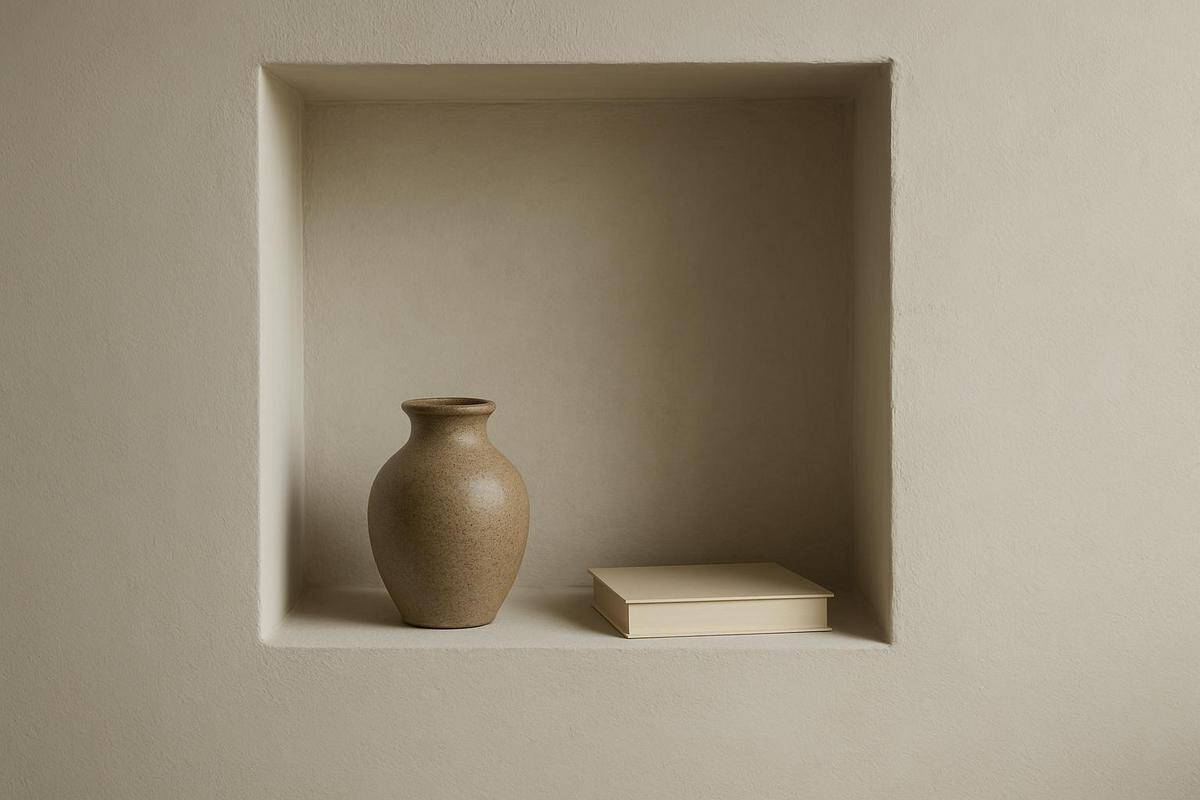 niche ouverte avec poterie et objet unique vide décoratif esprit minimaliste déco salon japonais