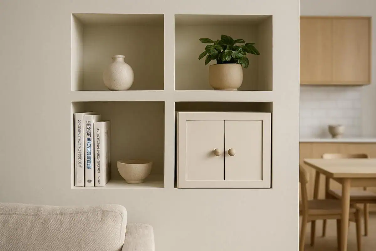 Niches murales encastrées MDF blanc cassé avec livres cuisine et objets décoratifs, rangement vertical pour salon cuisine ouverte