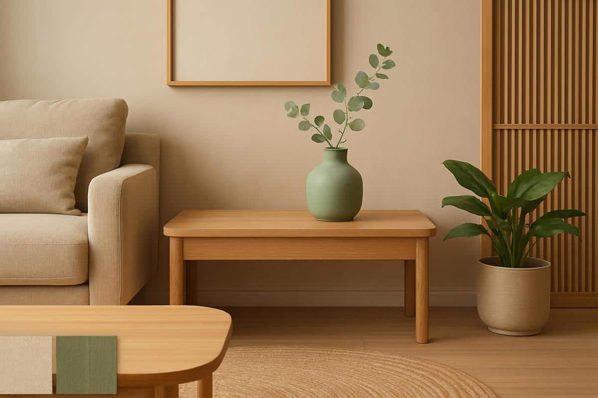 palette de couleurs salon japonais avec tons beige, bois chaud chêne clair et accents verts sauge pour décoration zen apaisante