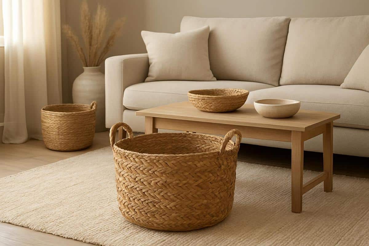 paniers tressés seagrass osier jacinthe d'eau rangement décoratif style bord de mer chic salon beige Bloomingville Madam Stoltz