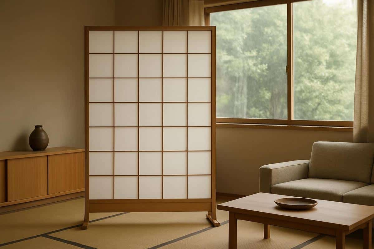 panneau shoji diffusant autoportant en papier de riz et bois pour salon japonais, filtre lumiere naturelle style japonais