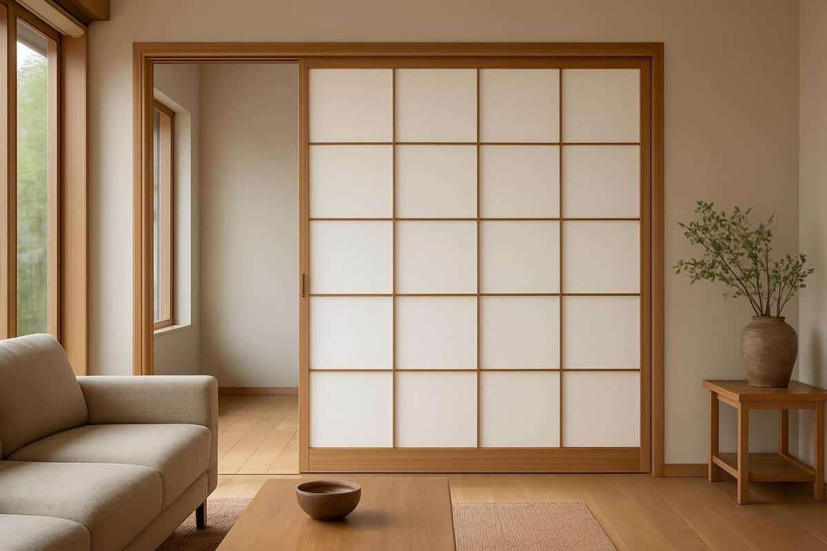 panneau shoji en papier washi et cadre bois pin cloison coulissante déco salon japonais contemporain