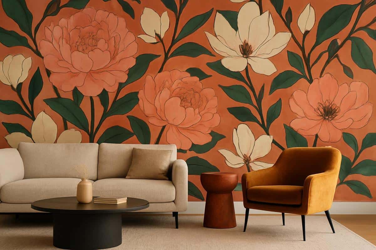 Papier peint panoramique motifs floraux XXL pivoine et magnolia pour salon maximaliste décoration 2026