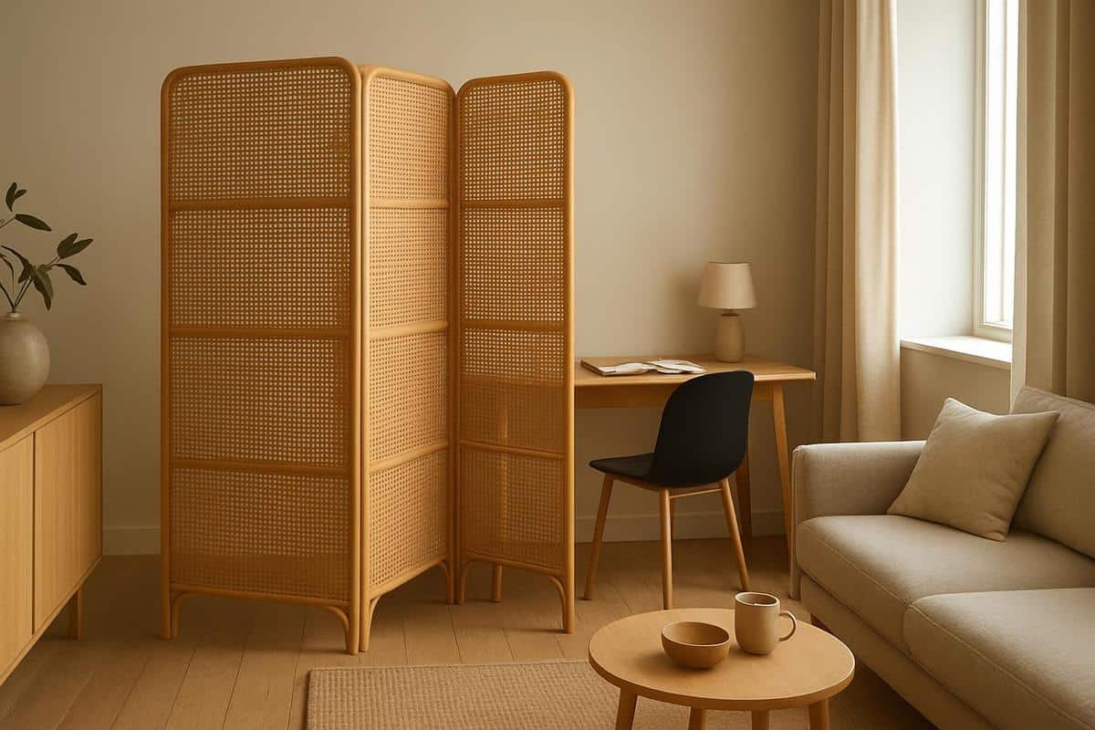 paravent en rotin tressé pour isoler visuellement un coin bureau discret dans un salon en longueur