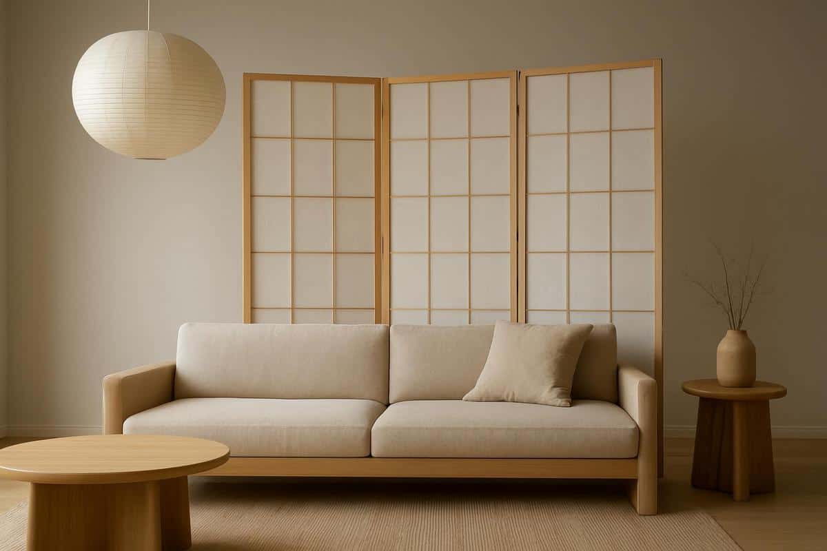 paravent trois panneaux papier washi derrière canapé pour délimiter zone salon japonais zen