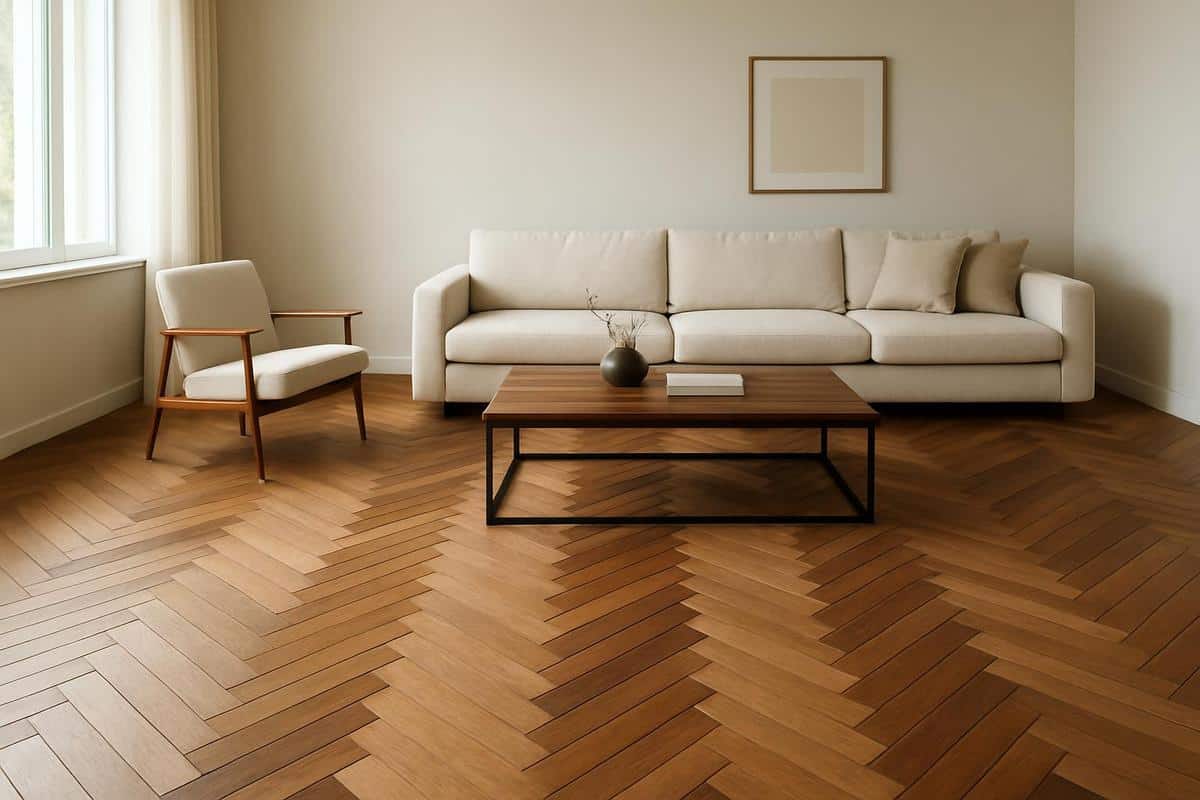 parquet pose en chevron ou point de Hongrie dans un salon en longueur pour casser visuellement l'etirement et rééquilibrer les proportions de la piece