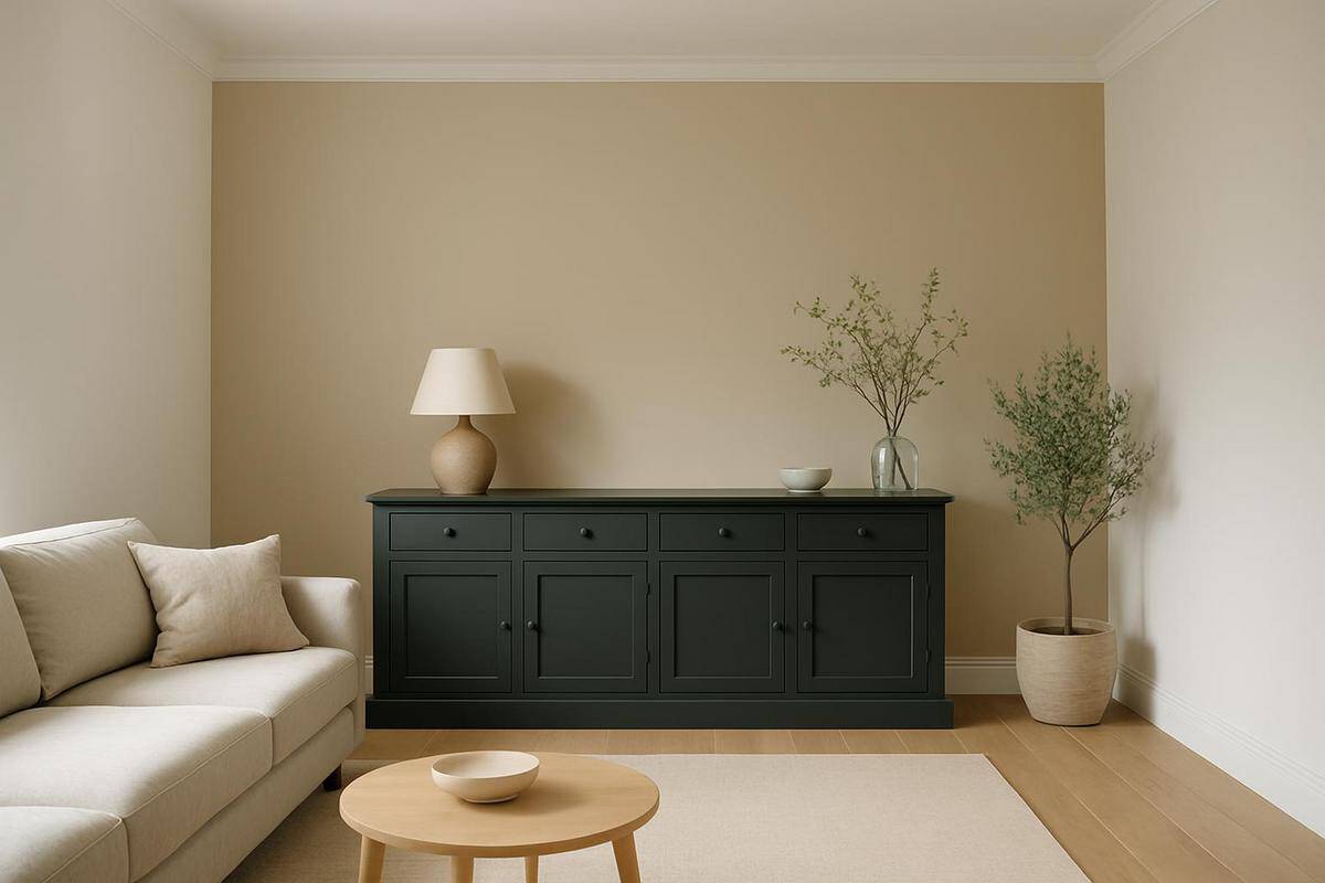 peinture teinte claire murs latéraux salon en longueur pour agrandir visuellement l'espace - nuances blanc cassé et grège Farrow and Ball Little Greene