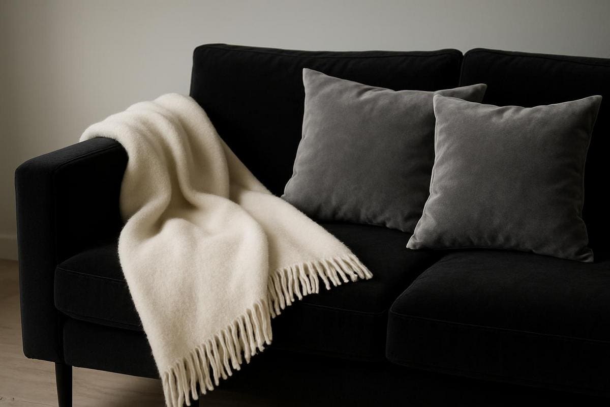 plaid laine mérinos blanc cassé et coussins velours gris perle sur canapé noir pour ambiance raffinée salon cosy