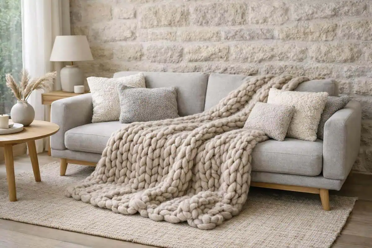 Plaid en maille XXL beige chiné et coussins moelleux en laine bouclette texturée pour salon bohème scandinave minimaliste