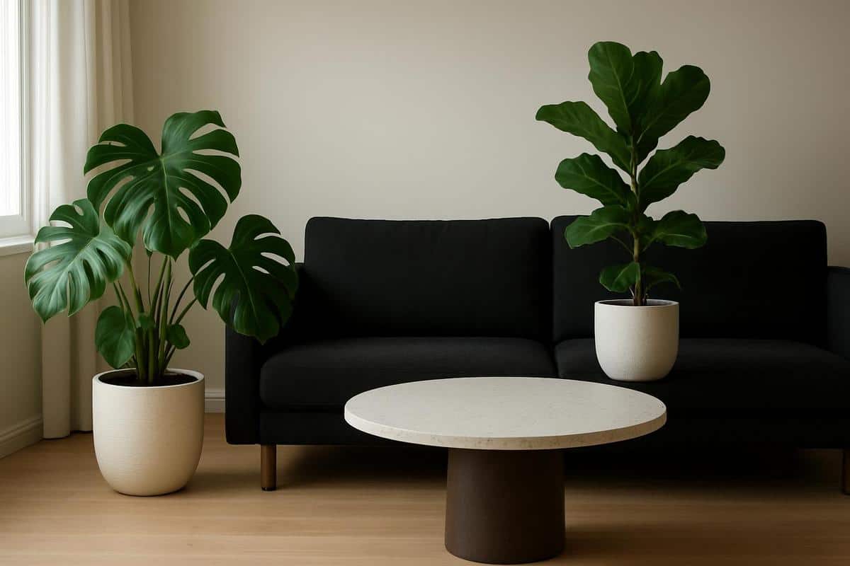 Plantes vertes à larges feuilles éléments naturels cache-pot céramique blanche pour illuminer salon canapé noir