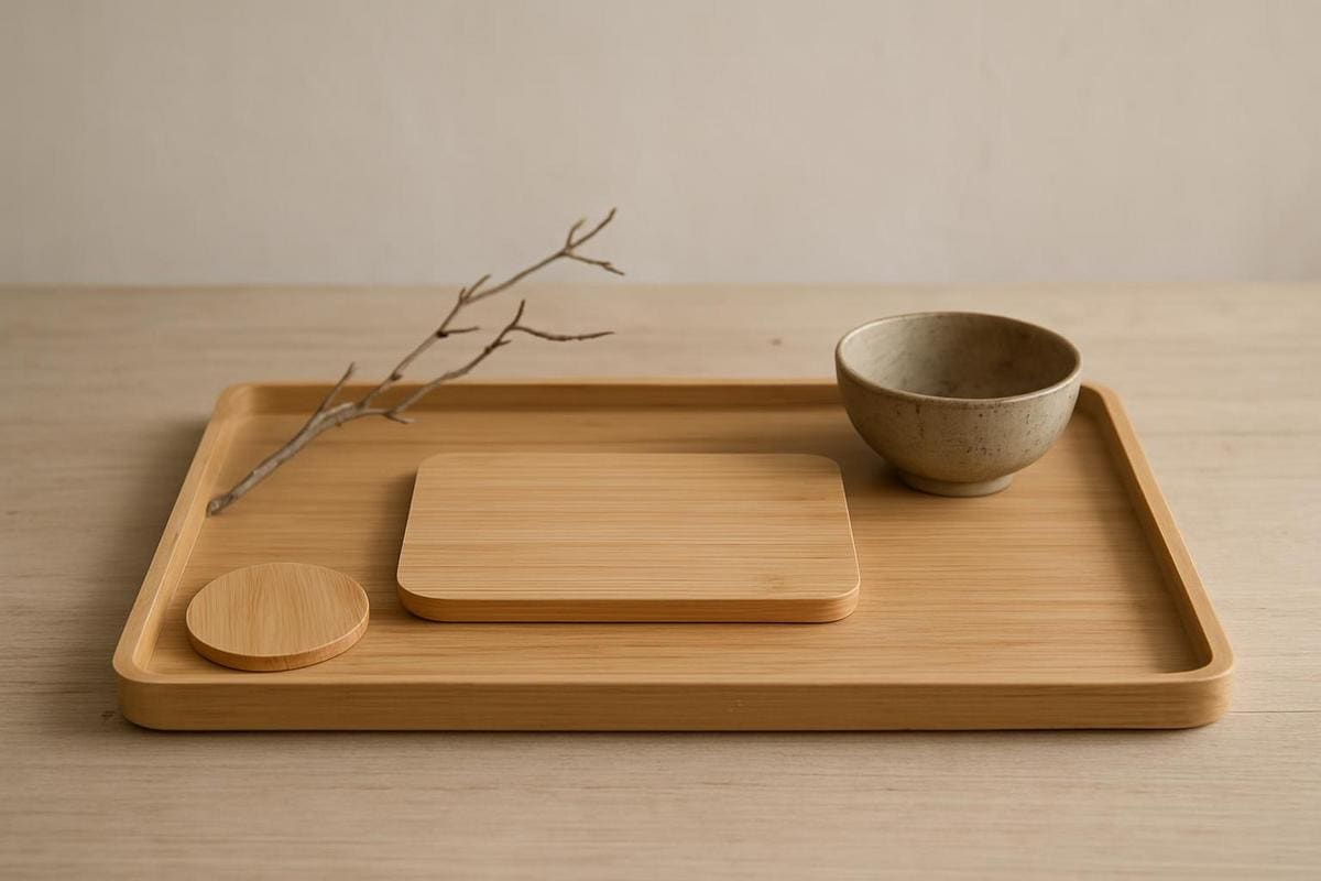plateau en bambou naturel et accessoires déco salon japonais style wabi-sabi