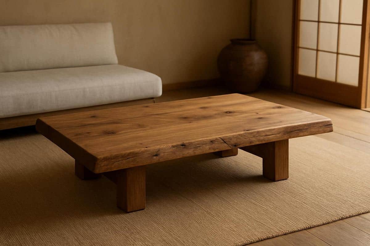 plateau bois massif planche unique finition huile naturelle esprit wabi-sabi déco salon japonais