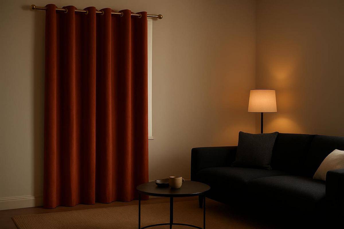 rideau velours épais couleur rouille brûlé œillets laiton brossé salon blanc canapé noir style cosy