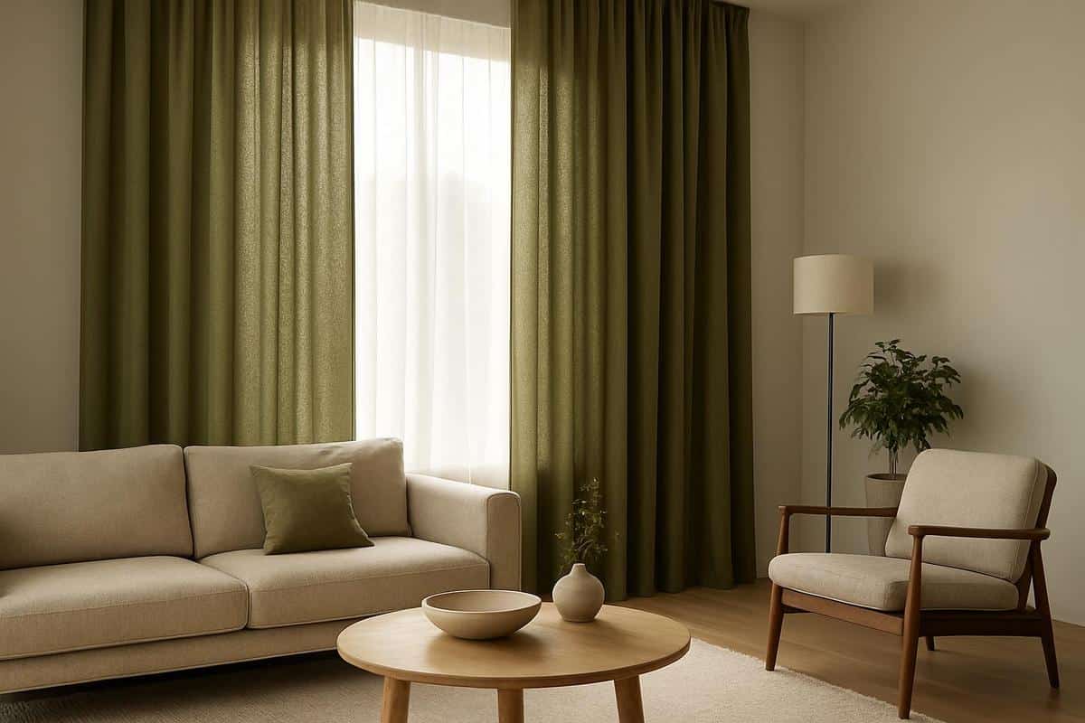 rideaux en lin lavé vert olive sol plafond pour décoration salon tendance 2026