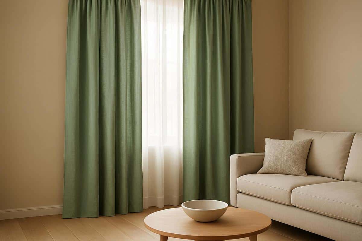 rideaux en lin lavé vert sauge dans un salon beige naturel, idée déco couleurs harmonieuses